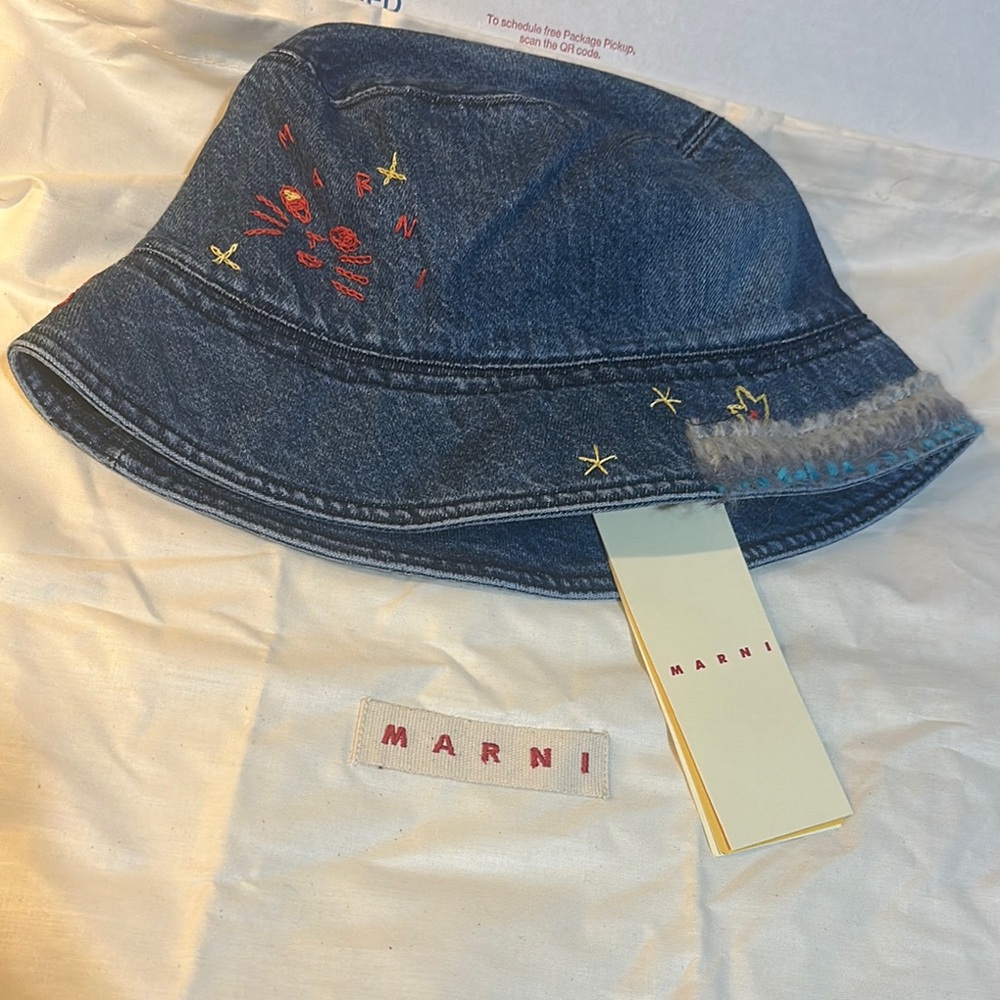 MARNI
Bio Denim Bucket Hat With Mohair Patches new with tags retail $600